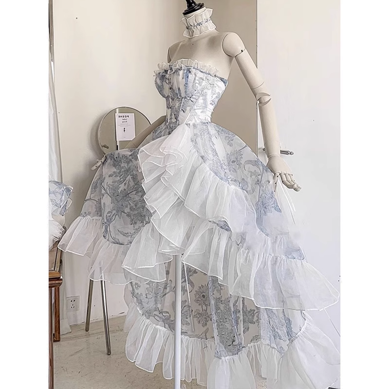 Niulatu High Low Strapless Floor Length Light Blue Flowers Prom Dresses Birthday Dress SD467