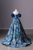Niulatu Printed Long A-Line Prom Dress Blue Off the Shoulder Formal Evening Dress HZ1007