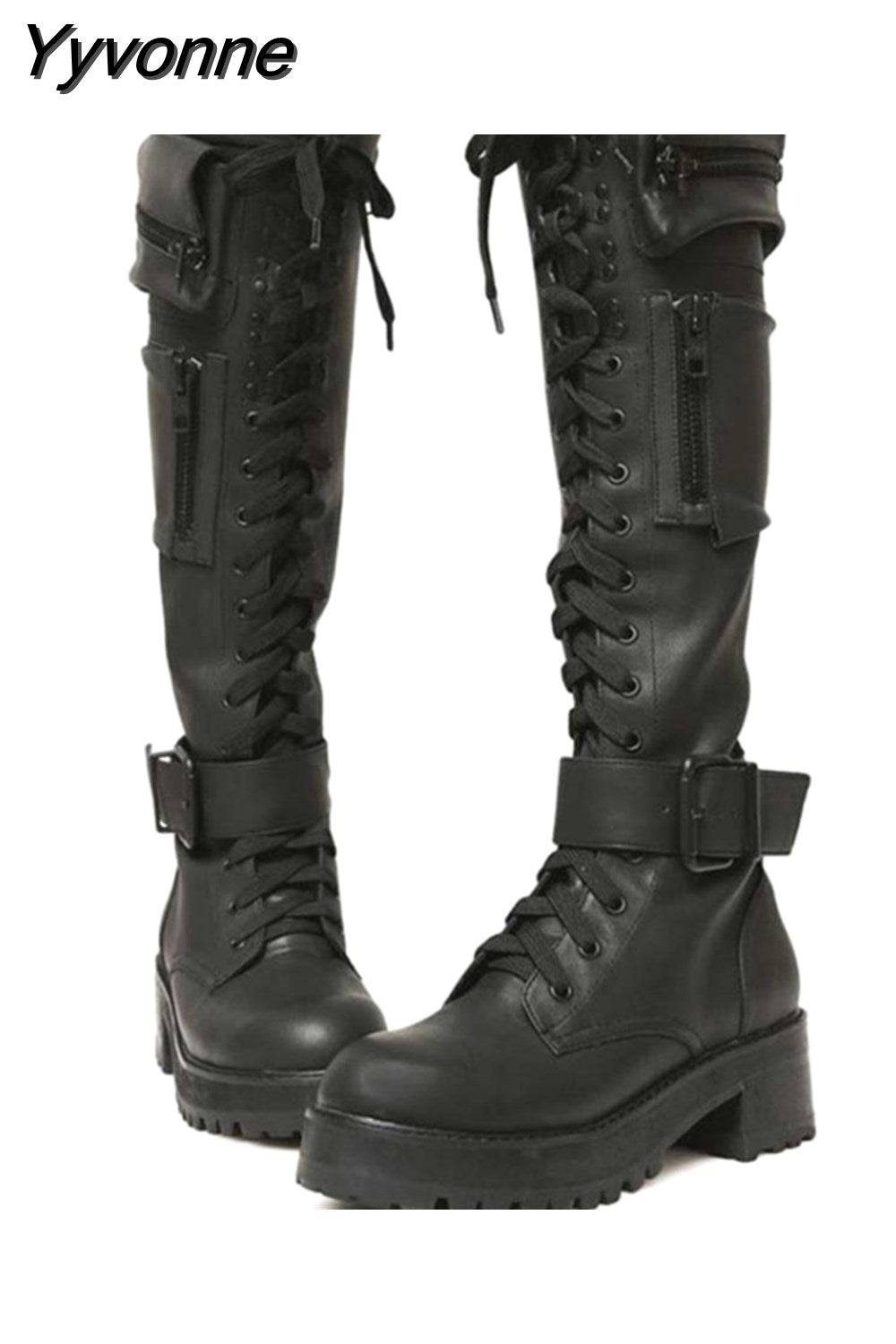 Niulatu High Quality Female Motorcycle Boots Square Heel Lace-Up Narrow Band Winter Cool Street Women Knee High Boots Shoes DJSE