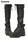 Niulatu High Quality Female Motorcycle Boots Square Heel Lace-Up Narrow Band Winter Cool Street Women Knee High Boots Shoes DJSE