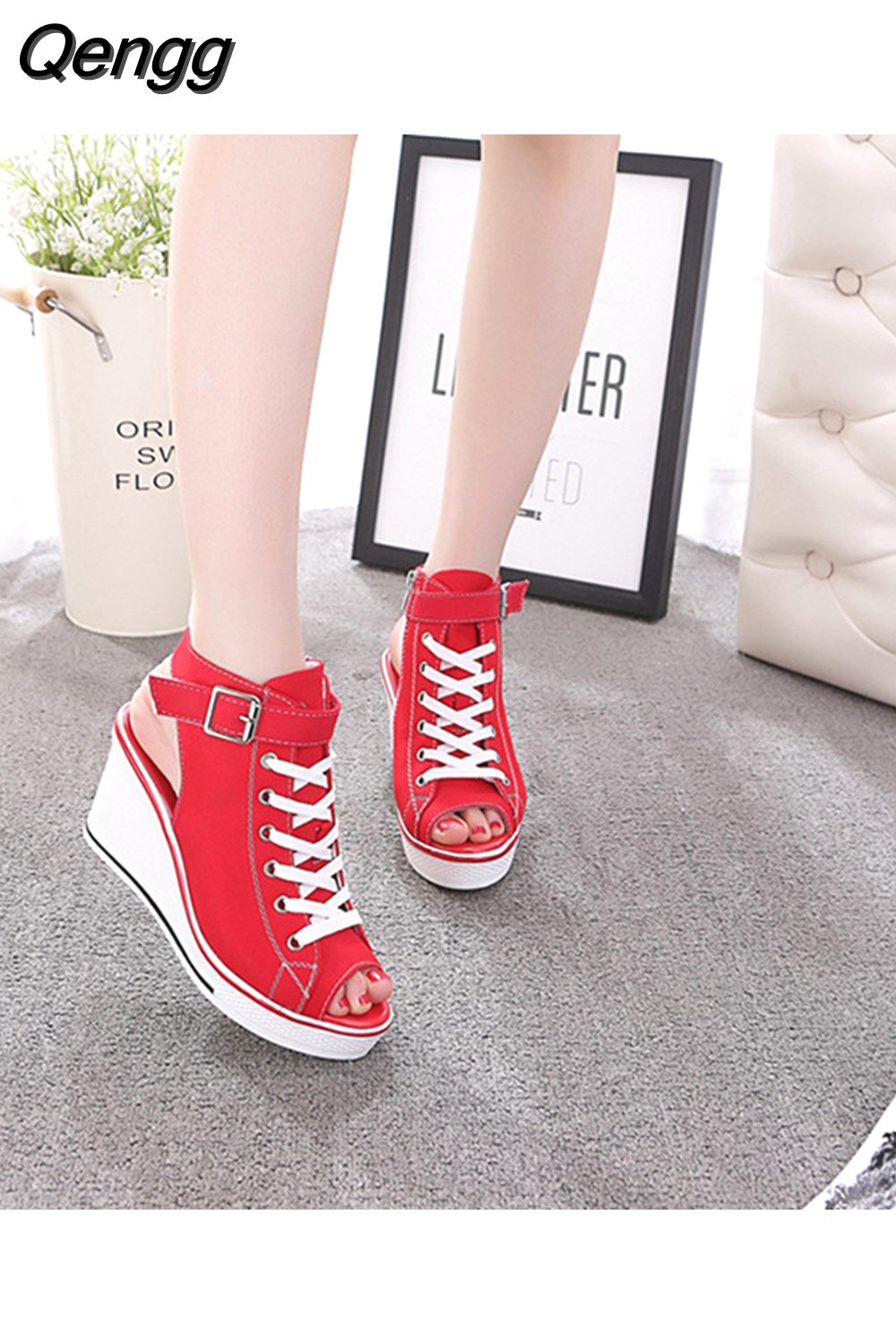 Niulatu High Top Canvas Shoes Women's Fish Mouth Canvas Sandals Sloped Heel Hollow Out Women's Shoes Wedges Shoes for Women DJSE