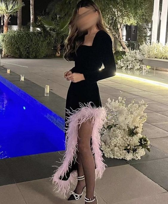 Niulatu Black Long Sleeves Evening Dress With Feathers HZ1007