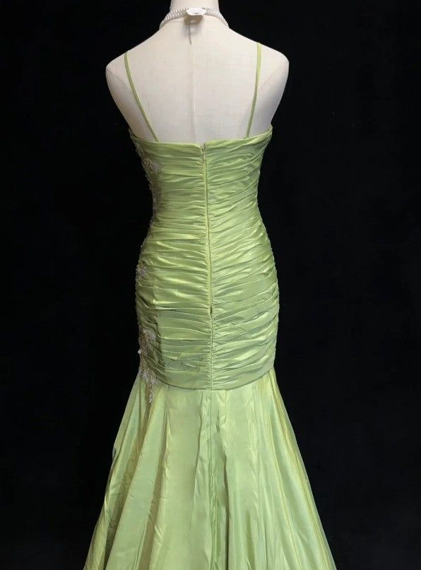 Niulatu Green Mermaid Satin Beaded Sequin Evening Dress Spaghetti Strap Long Prom Dress HZ1007