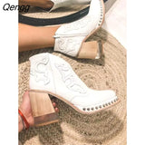 Niulatu High Heel Women's Boots Autumn Women Ankle Boots Retro Platform Square Chunky Heels Crystal Rivet Women Shoes Plus Size DJSE