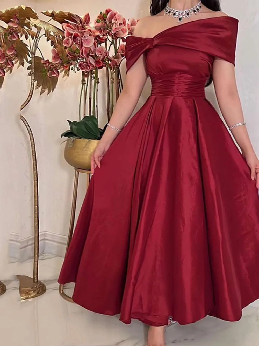 Niulatu Red Midi Prom Dresses Off Sleeves Ankle Length Arabic Dubai Formal Party Gowns Evening Gowns HZ1007