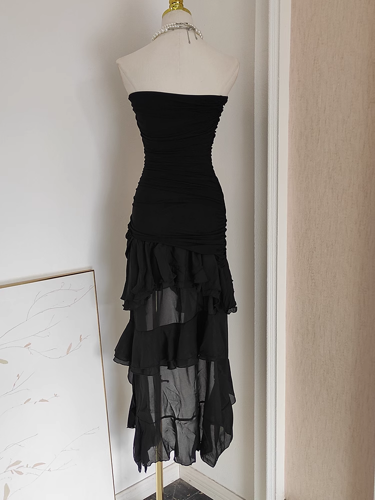 Niulatu High Low Strapless Black Chiffon Ruffles Vacation Dress Women Dresses SD140