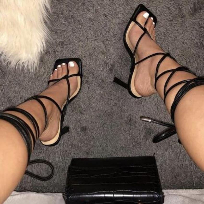 Niulatu Summer White Black Women Sandals Fashion Cross-Tied High Heels Shoes Sexy Lace Up Party Pumps shoes Woman Size DJSE