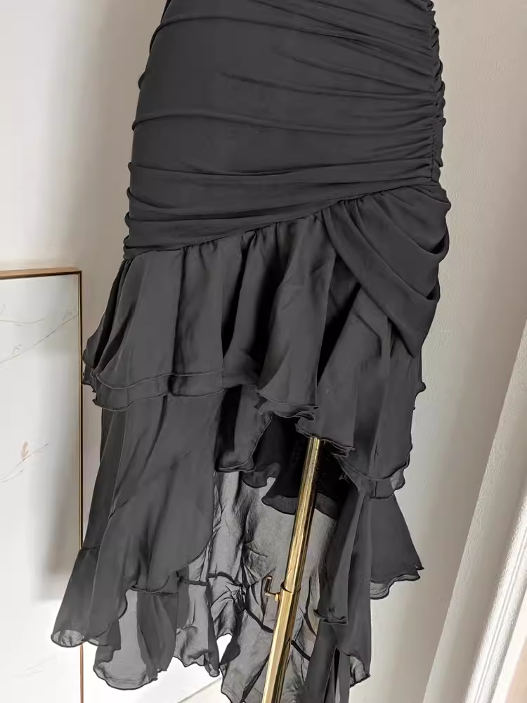 Niulatu High Low Strapless Black Chiffon Ruffles Vacation Dress Women Dresses SD140