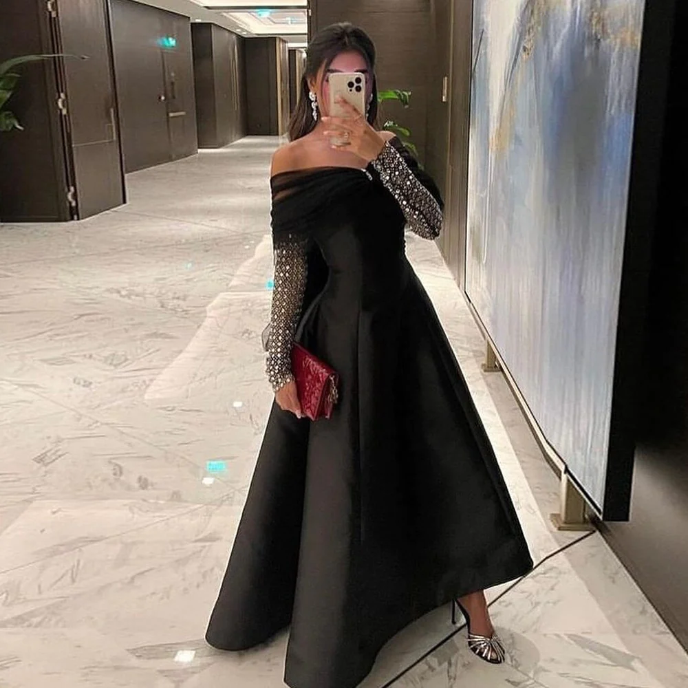 Niulatu Dubai Evening Dresses for Women Wedding Party Black Long Sleeve Gala Prom Dress HZ1007