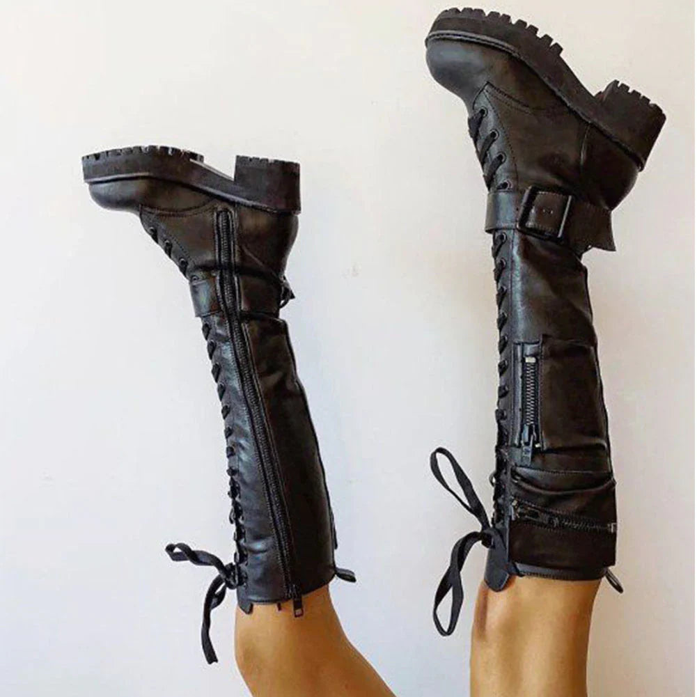 Niulatu High Quality Female Motorcycle Boots Square Heel Lace-Up Narrow Band Winter Cool Street Women Knee High Boots Shoes DJSE