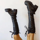 Niulatu High Quality Female Motorcycle Boots Square Heel Lace-Up Narrow Band Winter Cool Street Women Knee High Boots Shoes DJSE