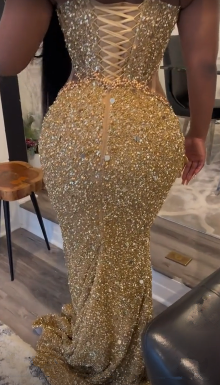 Niulatu Gold Sequins Appliques Evening Dress Mermaid Prom Dress HZ1007