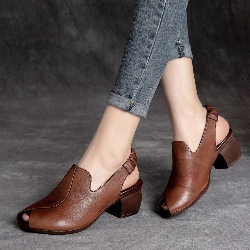 Niulatu High Heel Sandals Women Retro Genuine PU Leather Slingback Comfortable Fish Mouth Pumps Banquet Shoe Handmade Shoe DJSE