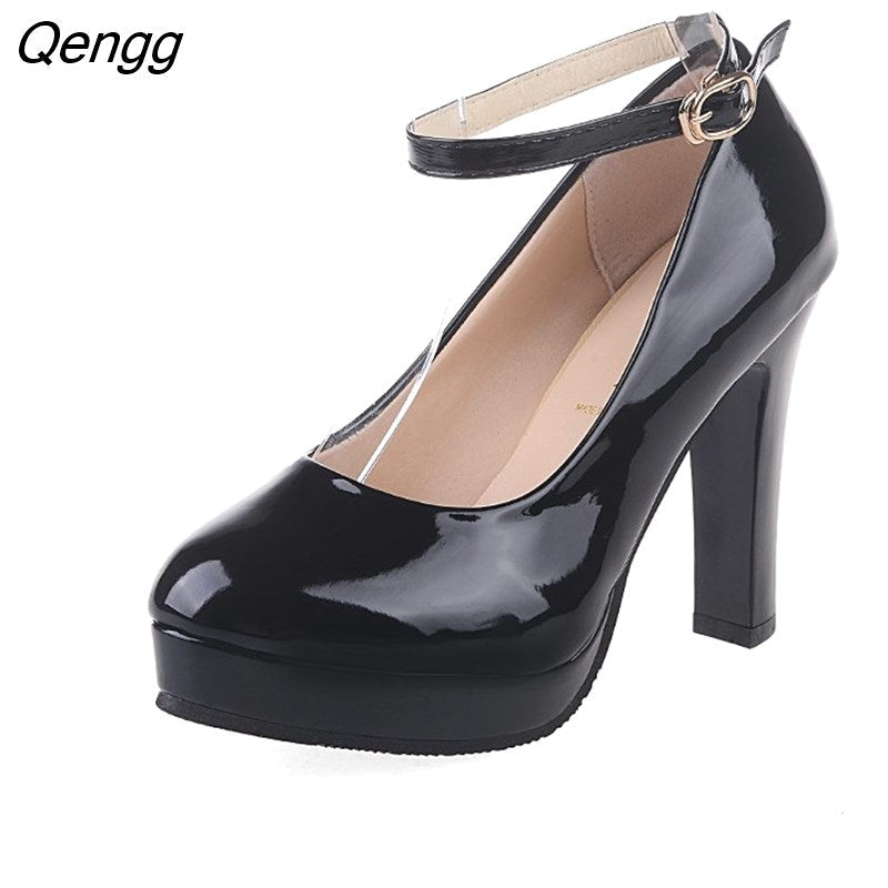 Niulatu High Heel Sexy Women's Pumps Patent Leather Woman Thick Platform Mary Jane Women Party Shoes Buckle Shallow Shoes PU DJSE