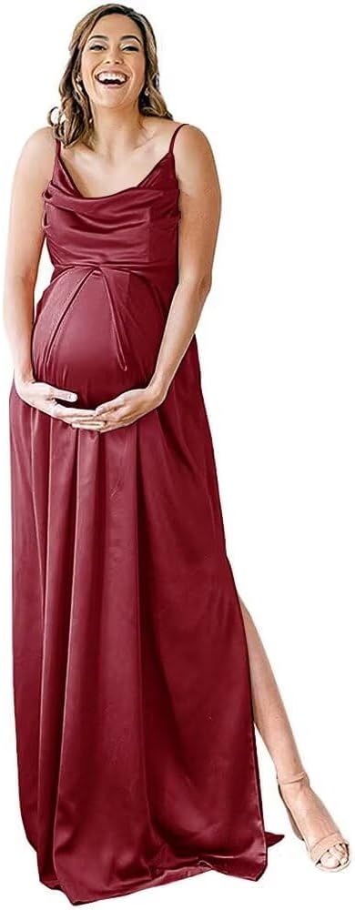 Niulatu Strap Maternity Bridesmaid Dress for Photoshoot Long Satin Leg Split Pregnant Prom Party HZ1007