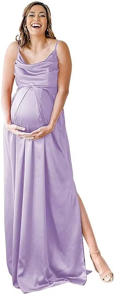 Niulatu Strap Maternity Bridesmaid Dress for Photoshoot Long Satin Leg Split Pregnant Prom Party HZ1007