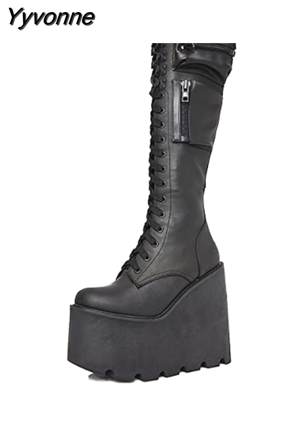 Niulatu High Quality Female Motorcycle Boots Square Heel Lace-Up Narrow Band Winter Cool Street Women Knee High Boots Shoes DJSE