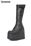 Niulatu High Quality Female Motorcycle Boots Square Heel Lace-Up Narrow Band Winter Cool Street Women Knee High Boots Shoes DJSE