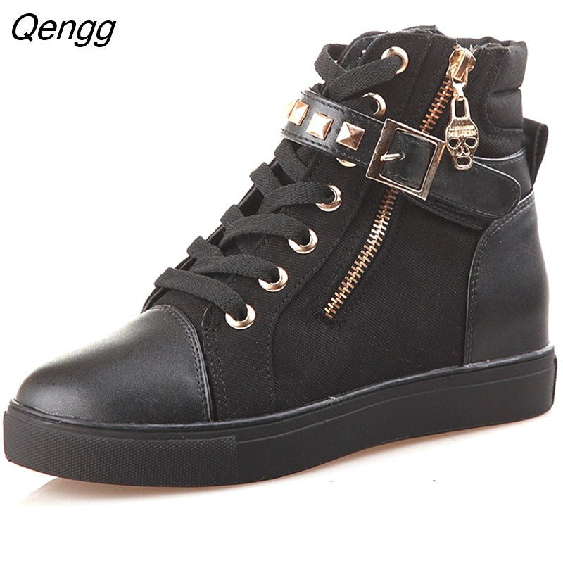 Niulatu High Top Black White Boots Shoes Women Casual Platform Vulcanized Flats Shoes PU Leather Sneakers Zapato Mujer DJSE