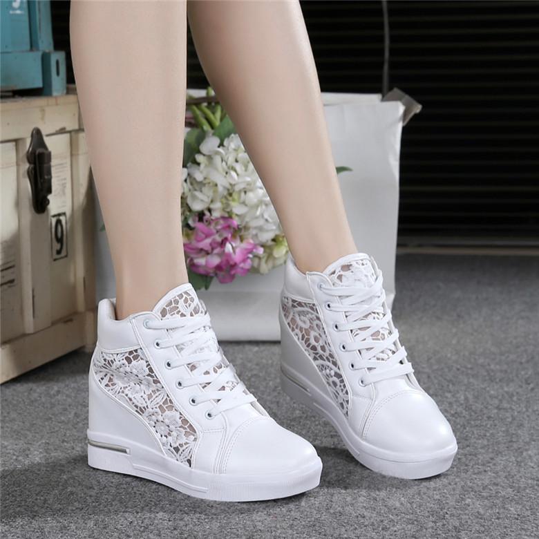 Niulatu Women Lace Casual Shoes Woman Breathable Mesh Sneakers Flats Lace Loafers High Heels Platform Wedges Ladies Creepers DJSE