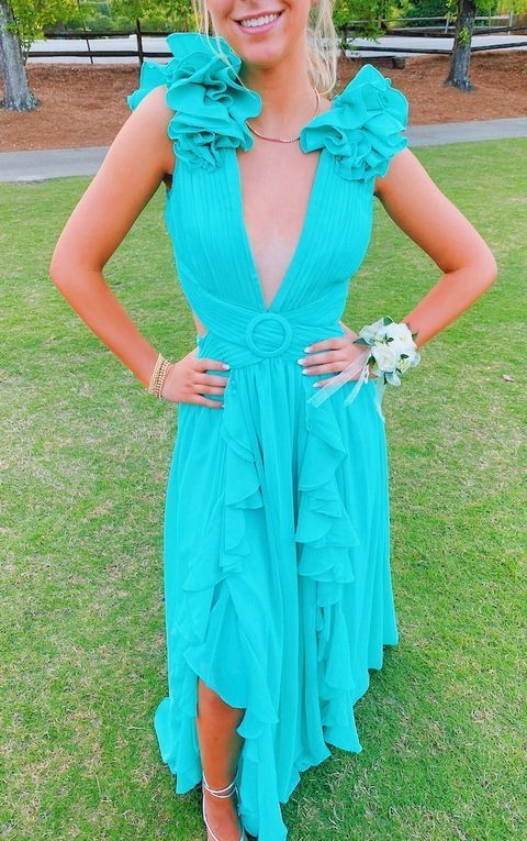 Niulatu V Neck Ruffles Long Prom Dress Simple Evening Dresses HZ1007