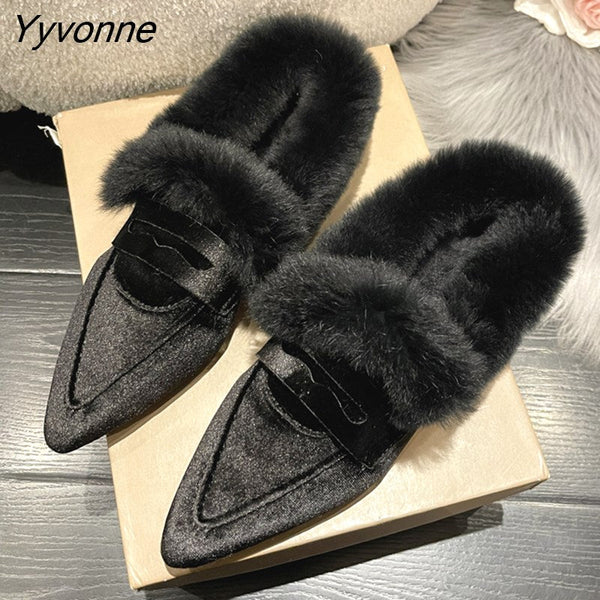 Niulatu Mules Women Fashion Pointed Toe Fur Loafers Ladies Brand
