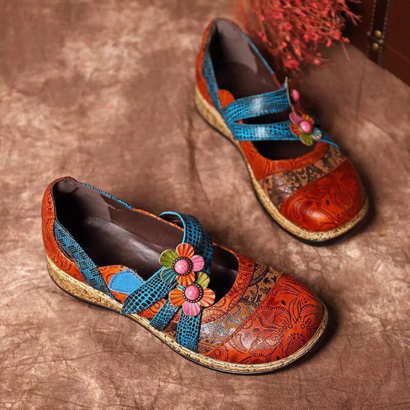 Niulatu Floral Genuine Leather Splicing Colored Stitching Hook Loop Flat Shoes Spring Summer Casual Women Flat Shoes New DJSE