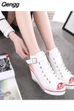 Niulatu High Top Canvas Shoes Women's Fish Mouth Canvas Sandals Sloped Heel Hollow Out Women's Shoes Wedges Shoes for Women DJSE