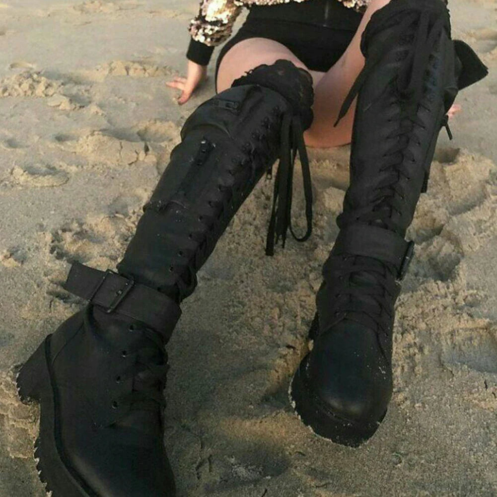 Niulatu High Quality Female Motorcycle Boots Square Heel Lace-Up Narrow Band Winter Cool Street Women Knee High Boots Shoes DJSE