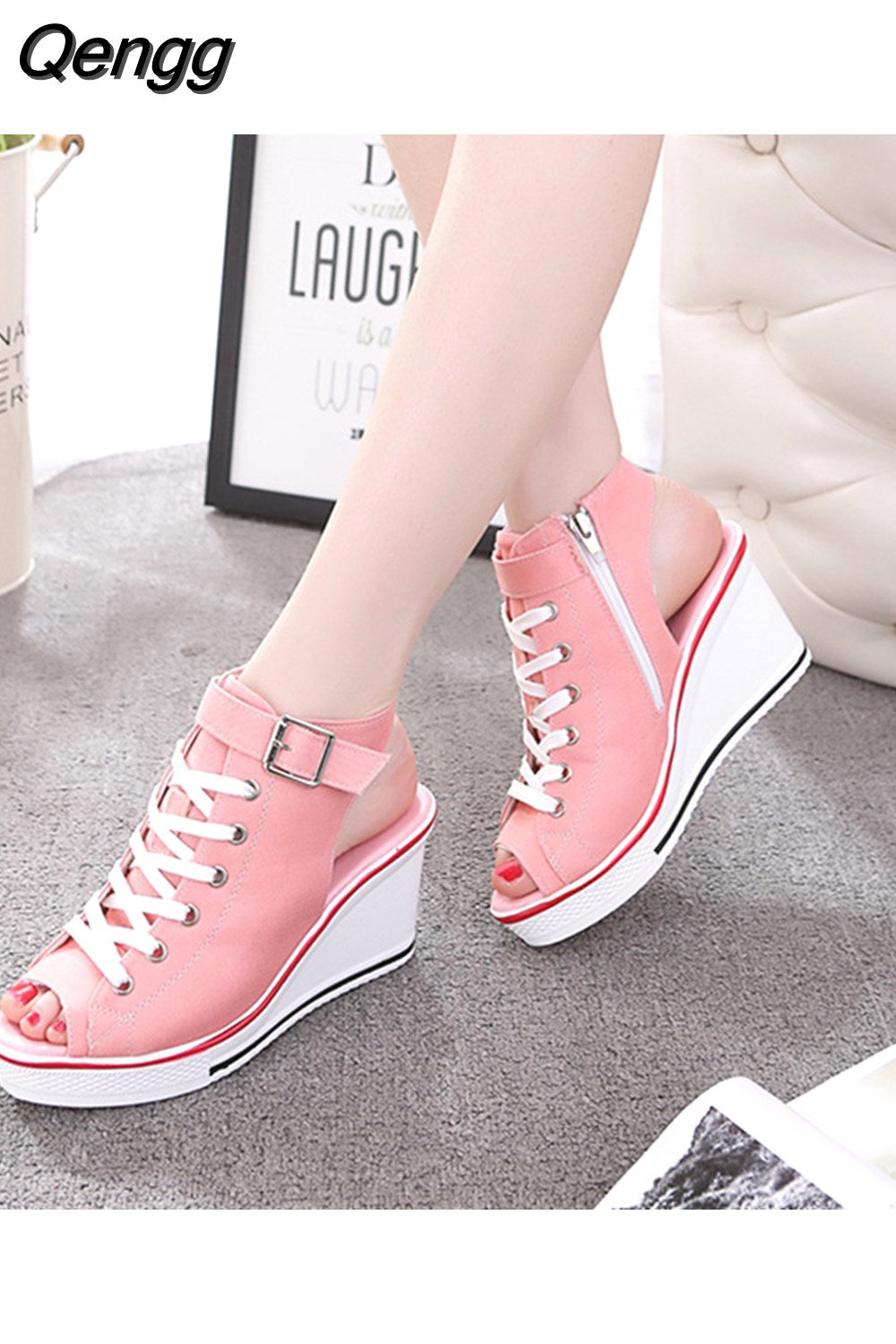 Niulatu High Top Canvas Shoes Women's Fish Mouth Canvas Sandals Sloped Heel Hollow Out Women's Shoes Wedges Shoes for Women DJSE