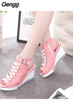 Niulatu High Top Canvas Shoes Women's Fish Mouth Canvas Sandals Sloped Heel Hollow Out Women's Shoes Wedges Shoes for Women DJSE
