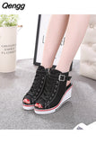 Niulatu High Top Canvas Shoes Women's Fish Mouth Canvas Sandals Sloped Heel Hollow Out Women's Shoes Wedges Shoes for Women DJSE