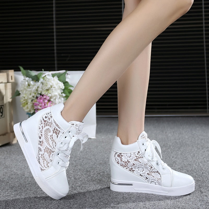 Niulatu Women Lace Casual Shoes Woman Breathable Mesh Sneakers Flats Lace Loafers High Heels Platform Wedges Ladies Creepers DJSE