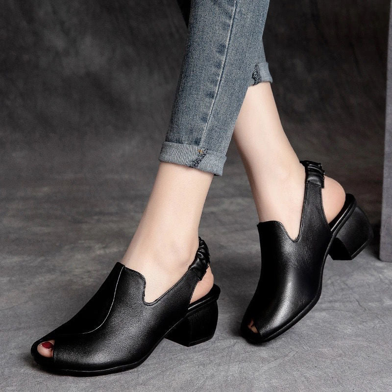 Niulatu High Heel Sandals Women Retro Genuine PU Leather Slingback Comfortable Fish Mouth Pumps Banquet Shoe Handmade Shoe DJSE