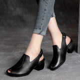 Niulatu High Heel Sandals Women Retro Genuine PU Leather Slingback Comfortable Fish Mouth Pumps Banquet Shoe Handmade Shoe DJSE