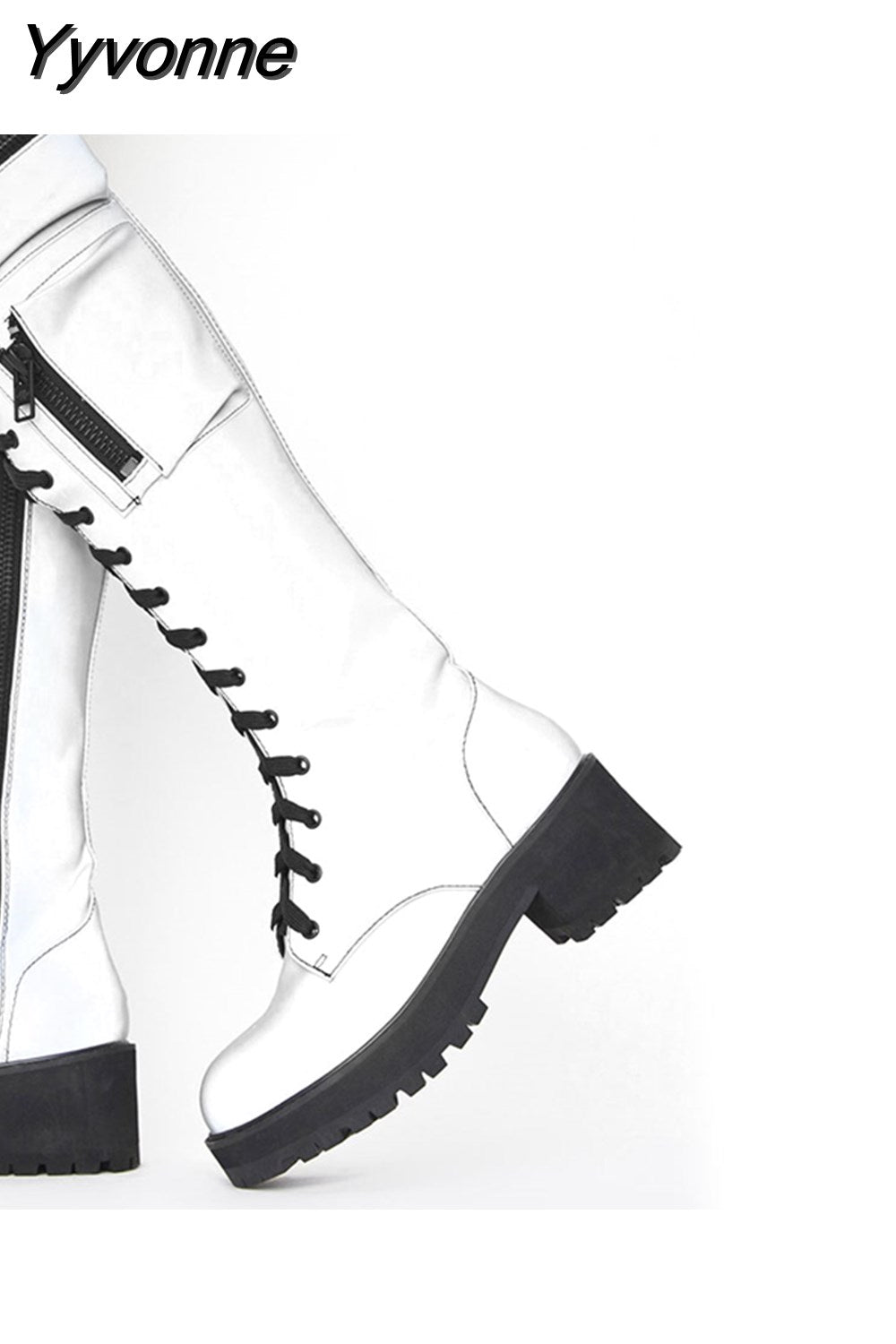 Niulatu High Quality Female Motorcycle Boots Square Heel Lace-Up Narrow Band Winter Cool Street Women Knee High Boots Shoes DJSE