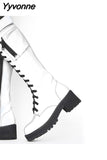 Niulatu High Quality Female Motorcycle Boots Square Heel Lace-Up Narrow Band Winter Cool Street Women Knee High Boots Shoes DJSE