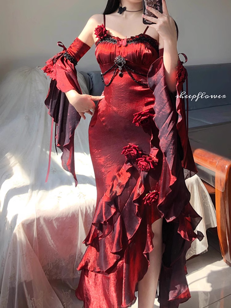 Niulatu High Low Spaghetti Straps Floor Length Burgundy Flowers Prom Dresses Birthday Dress SD463