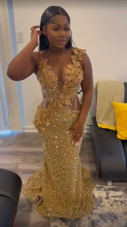 Niulatu Gold Sequins Appliques Evening Dress Mermaid Prom Dress HZ1007