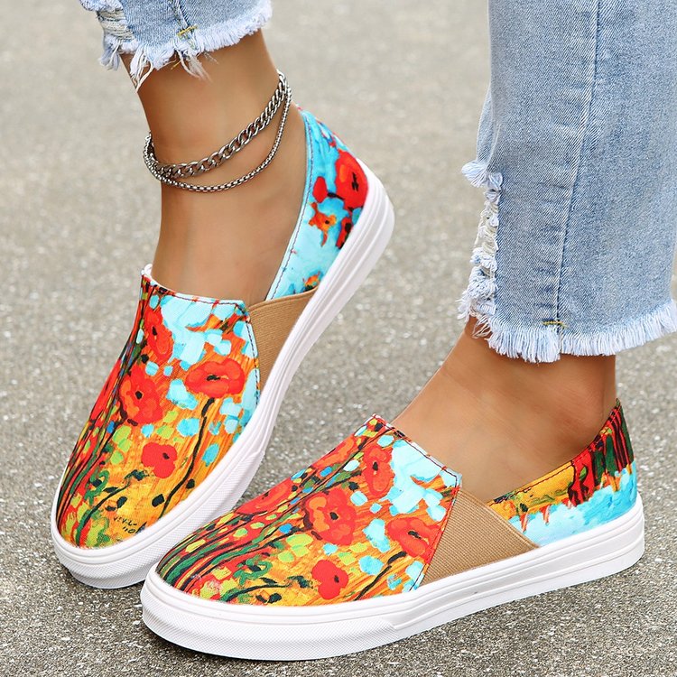 Niulatu Women 2025 Autumn Fashion Printing Canvas Shoes Women Loafers Women Plus Size Casual Flat Shoes Zapatos Para Mujer DJSE