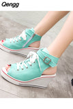 Niulatu High Top Canvas Shoes Women's Fish Mouth Canvas Sandals Sloped Heel Hollow Out Women's Shoes Wedges Shoes for Women DJSE
