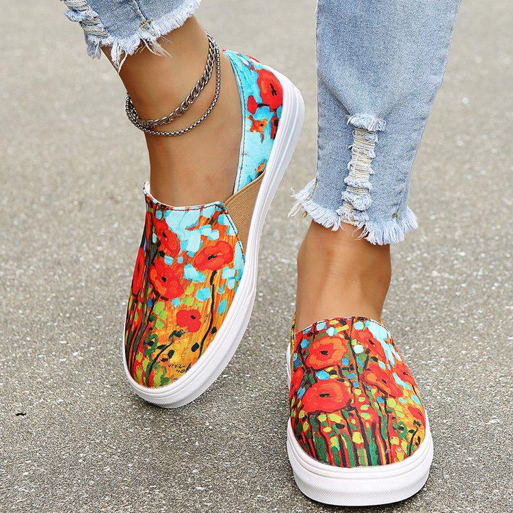 Niulatu Women 2025 Autumn Fashion Printing Canvas Shoes Women Loafers Women Plus Size Casual Flat Shoes Zapatos Para Mujer DJSE