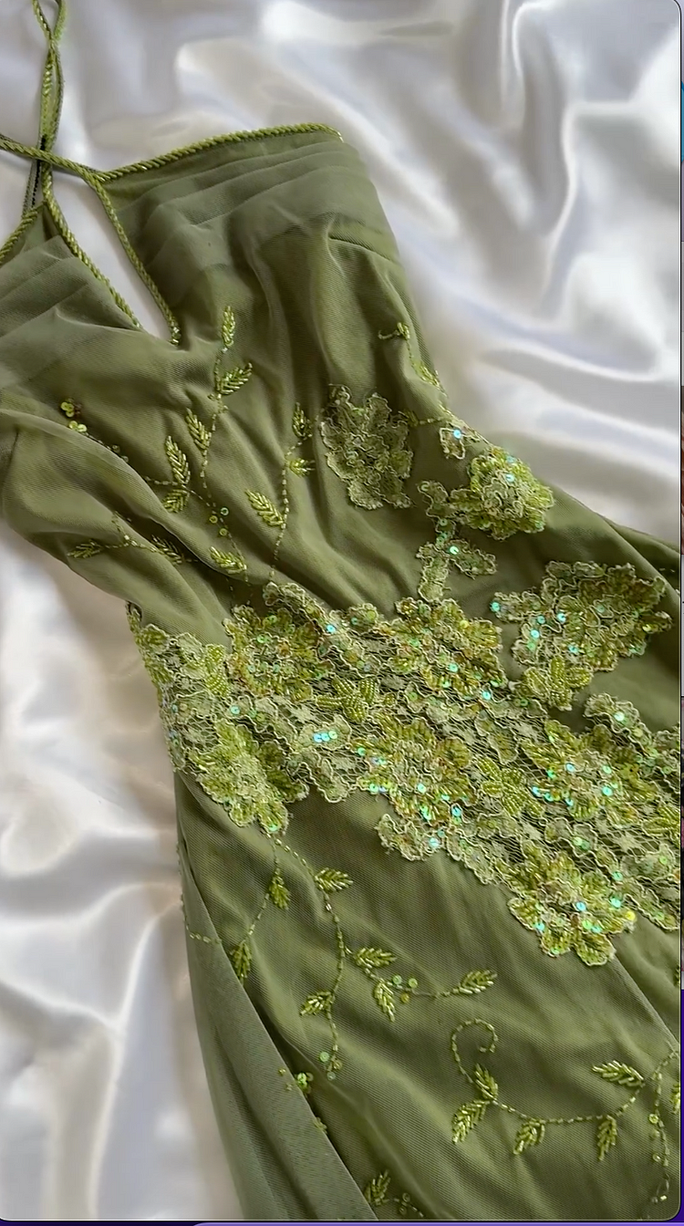 Niulatu Green Lace Chiffon Sequins Beaded Prom Dress Formal Evening Dress HZ1007