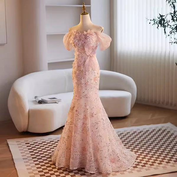 Niulatu A Line Off The Shoulder Pink Satin Tulle Sequin Long Prom Dresses HZ1110