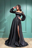 Niulatu High Split Satin Evening Dress Square Collar Puff Long Sleeves HZ1007