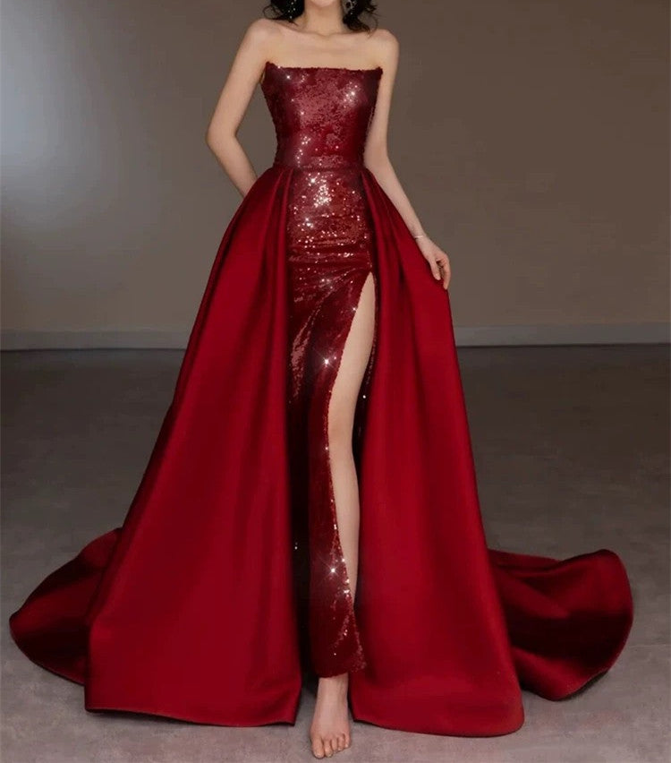 Niulatu Sheath Strapless Burgundy Sleeveless Long Party Dress Sequin Prom Dresses SD1460