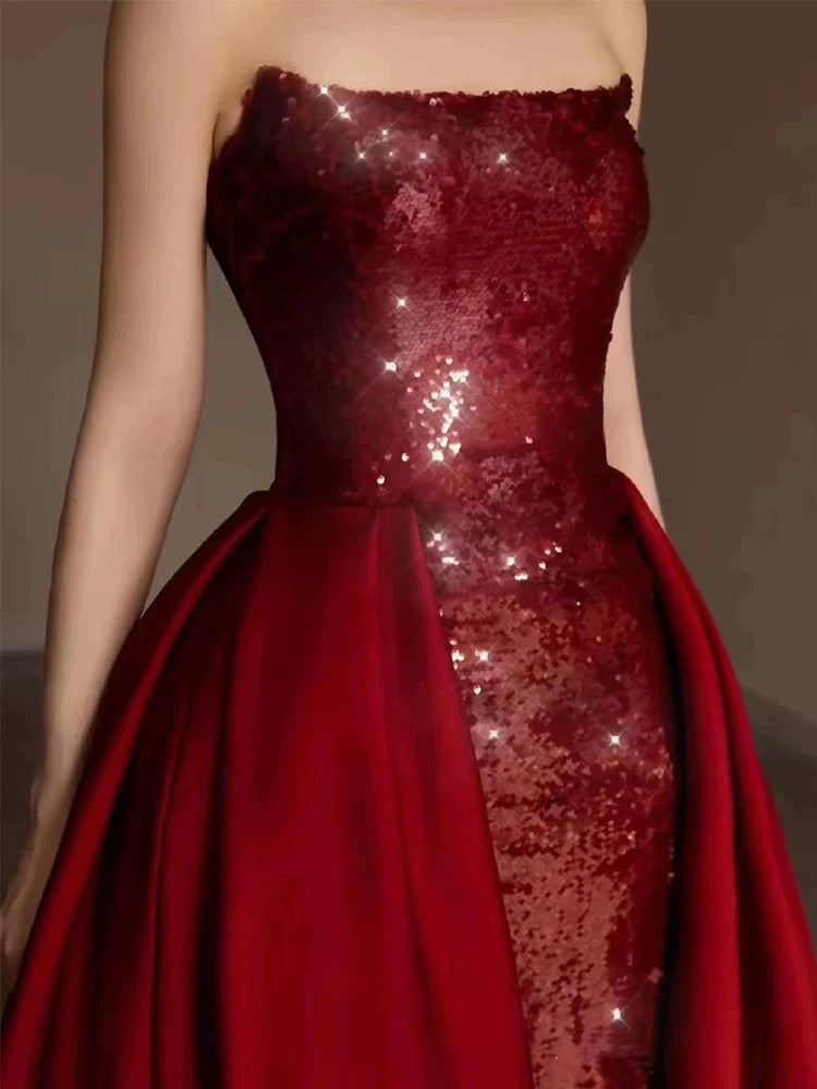 Niulatu Sheath Strapless Burgundy Sleeveless Long Party Dress Sequin Prom Dresses SD1460