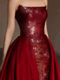 Niulatu Sheath Strapless Burgundy Sleeveless Long Party Dress Sequin Prom Dresses SD1460