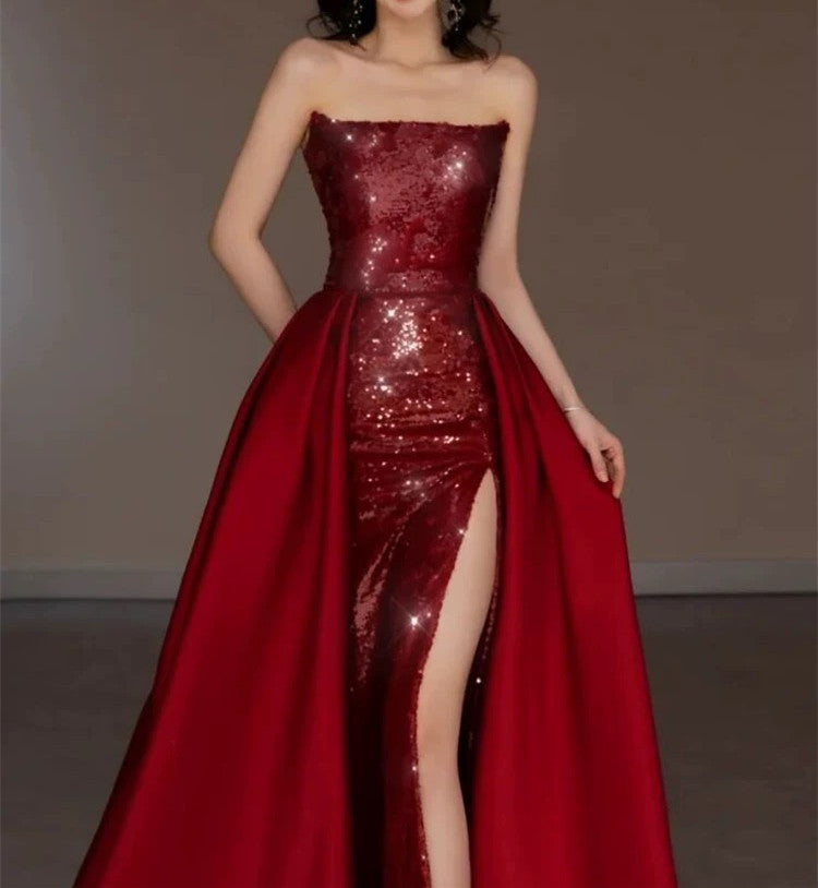 Niulatu Sheath Strapless Burgundy Sleeveless Long Party Dress Sequin Prom Dresses SD1460