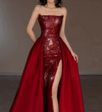 Niulatu Sheath Strapless Burgundy Sleeveless Long Party Dress Sequin Prom Dresses SD1460